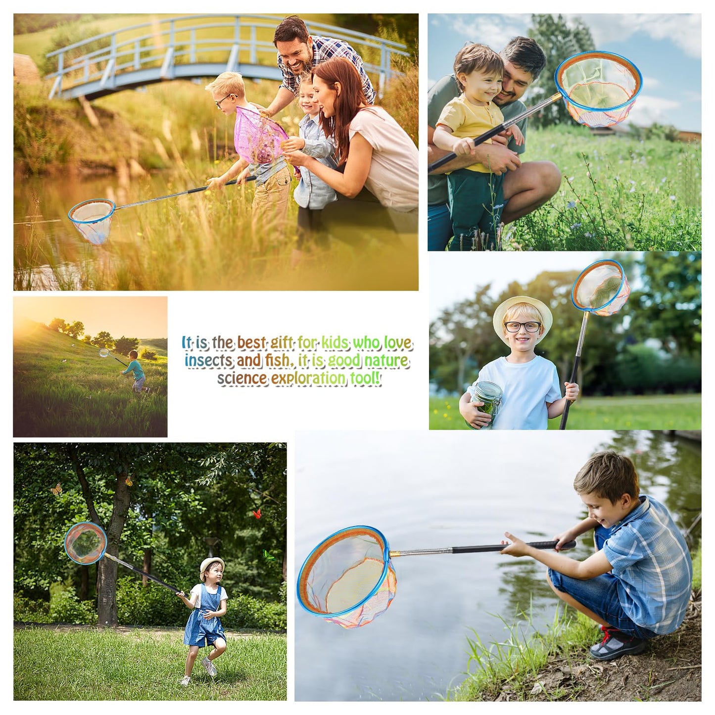 Jeinbuil Telescope Children's Butterfly Net Children's Small Fishing Net Outdoor Length from 66 cm to 145 cm Ideal for catching insects, fishing, pond, pool, garden, beach (1 piece)