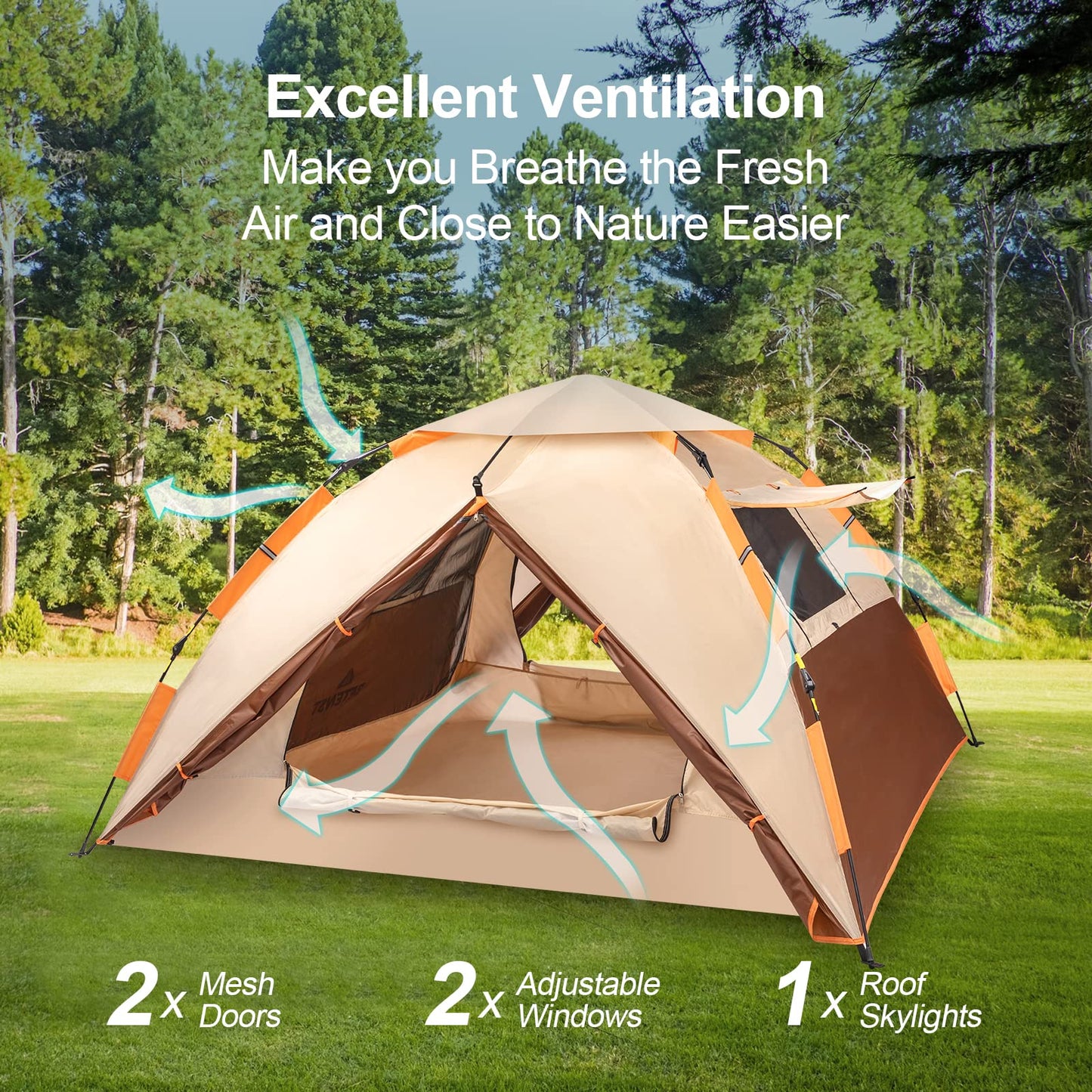 Prayset camping tent, pop-up tent for 3 persons, family dome tent waterproof, windproof with 2 mesh doors, 2 mesh windows, 2 in 1 double layers, carry bag for camping, hiking, backpacking.