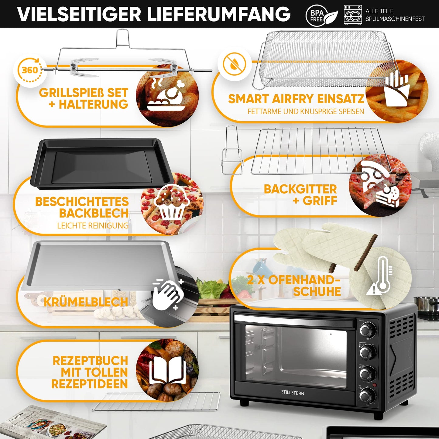 Stillstern Mini Convection Oven 35L (DE version) Pizza Ø28, CYCLONE PRO+ non-stick coating, Thawing, 2h Timer, Camping Mini Convection Oven Pizza Oven Mini Oven small Rotisserie Chicken Grill with Spit