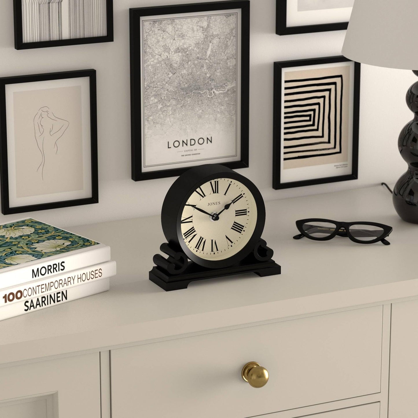 JONES CLOCKS® Saloon Mantel Clock | Traditional double bell design | Black | Roman numerals | Classic style for desk, table, shelf, or nightstand
