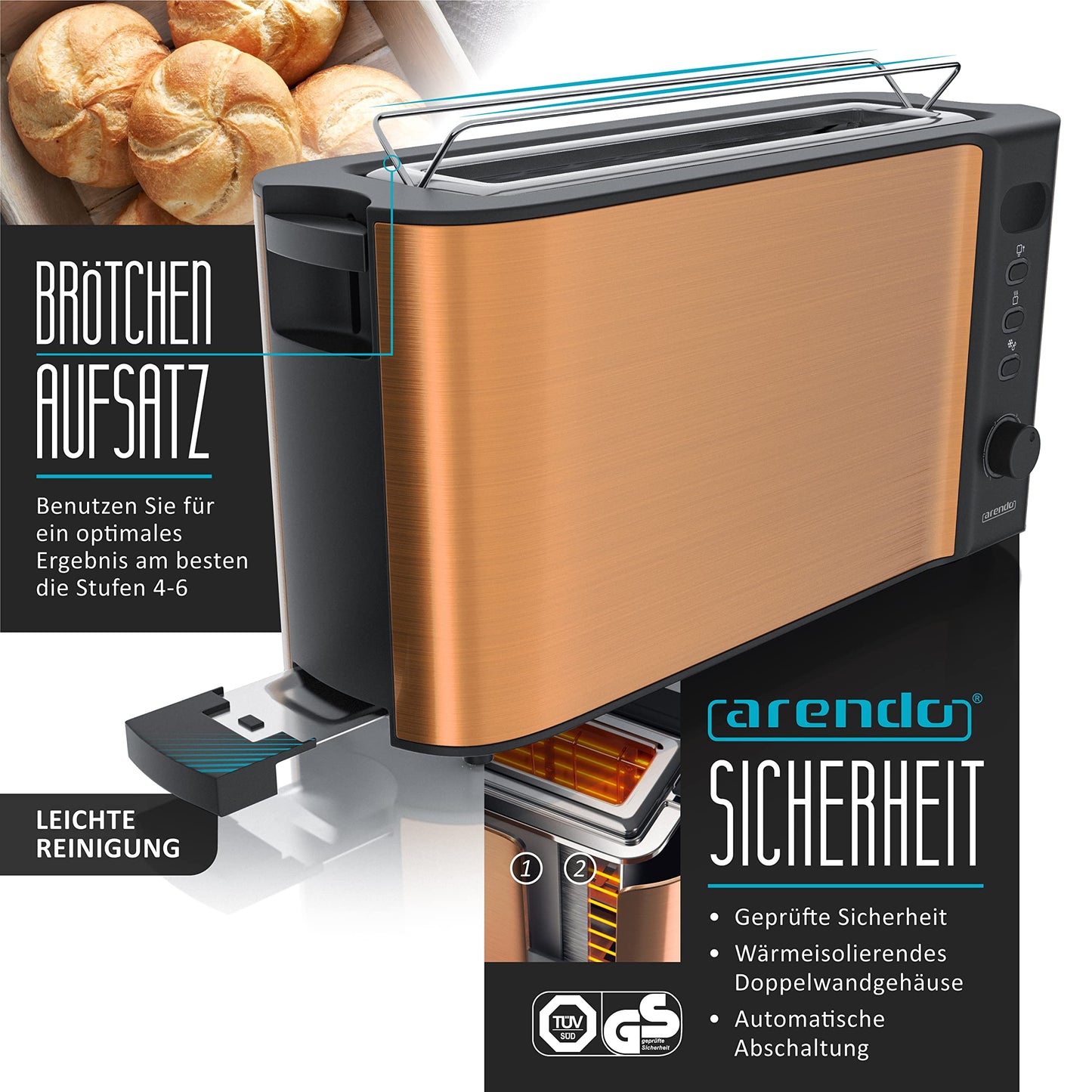 Arendo - Copper-look kettle with toaster SET - Electric kettle max 2200W, limescale filter, 1.7 liters, 2-slice long slot toaster with bun attachment, breakfast set