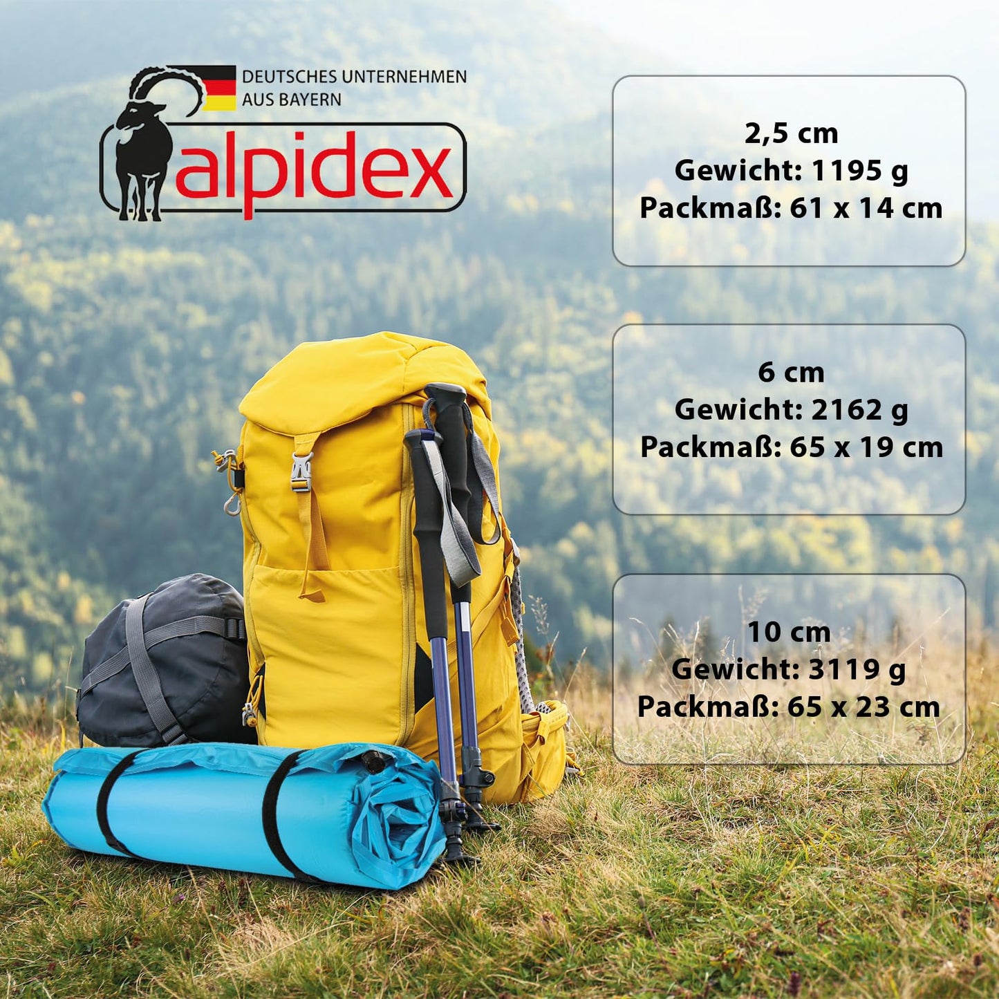 ALPIDEX Camping Mat 2.5 cm┃6 cm┃10 cm Thick Foam Self-inflating Outdoor Thermomat Durable Insulating, Color:Military, Dimensions:190 x 60 x 2.5 cm