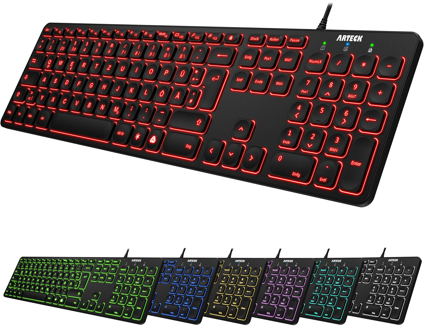 Arteck USB Wired Keyboard Backlight 7 Colors & Adjustable Brightness Full Size Keyboard with 1.8m Long Cable, Numeric Keypad, for Computer Desktop Laptop and Windows 11 10
