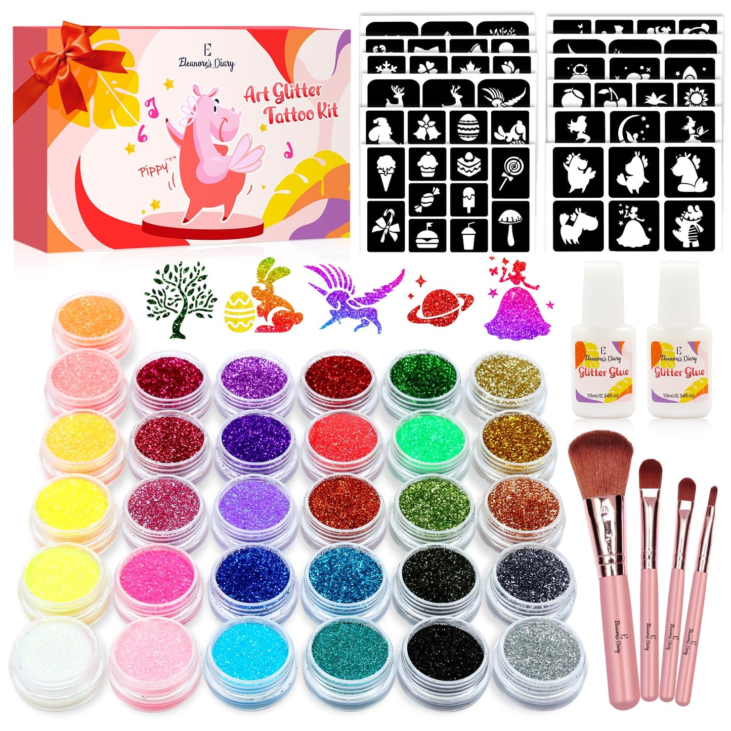 Glitter Tattoo Set for Girls, Eleanore's Diary 31 Biodegradable Glitter, Temporary Tattoo Kit, Kids Glitter Tattoos Set, 165 Stencils, 4 Brushes, 2 Glues, Gift for Girls 3+