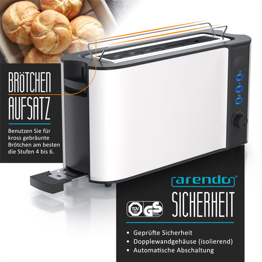 Arendo - Long Slot 2-Slice Toaster - Defrost Function - 1000W - Double-wall housing - Integrated bun warmer - Browning levels 1-6 - Display with remaining time indication - Stainless Steel white