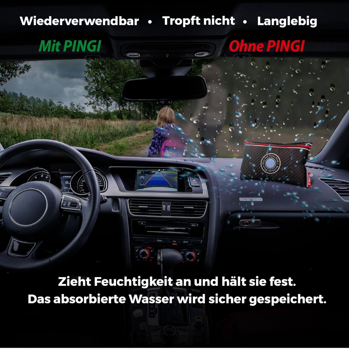 PINGI Dehumidifier for car and home, reusable dehumidifier bags 2 x 350 g. Silica gel fights moisture, condensation, odors. Leak-proof. Dehumidifier for homes and vehicles.