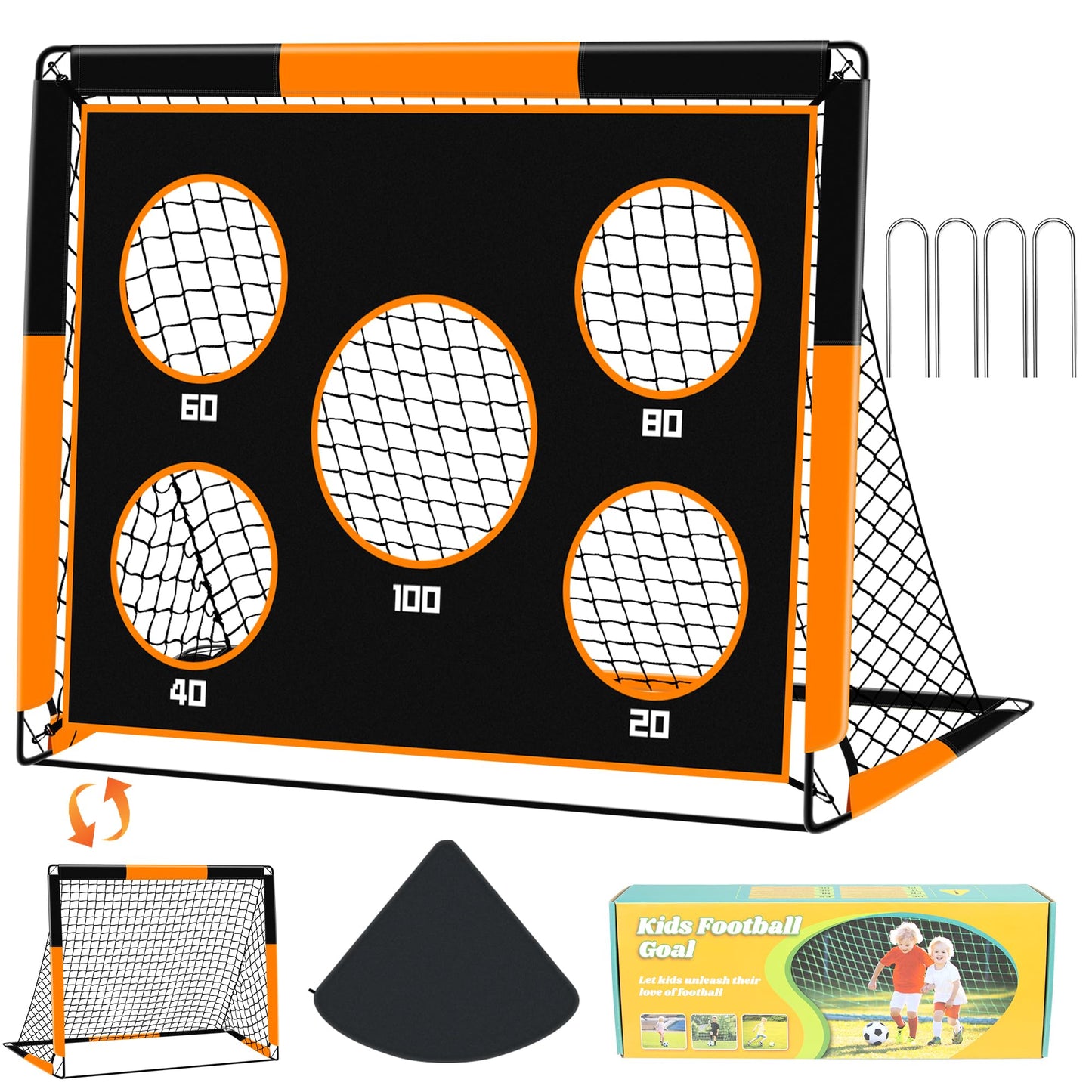 Gofady 2-in-1 Soccer Goal for Kids - Portable & Durable Soccer Goal with 5 Target Areas, Foldable Design, Carrying Bag, Garden, Park, Beach (Orange, 150 * 120 * 120cm)