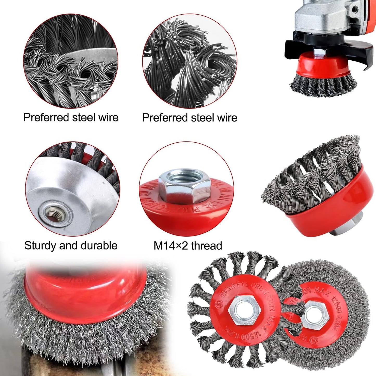 6 Piece Angle Grinder Wire Brush Set, M14 Steel Brush Attachment for Drill, 75/100 mm Wire Brush for Angle Grinder, Cup Brush for Drill, for garden weed and moss.