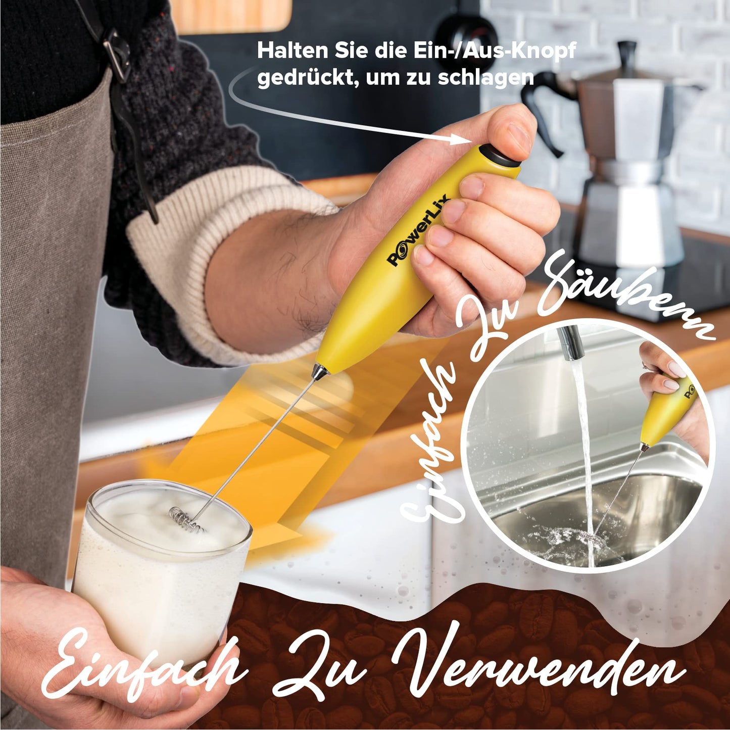 PowerLix Milk Frother Wand, Electric Milk Frother - with Stainless Steel Stand 15-20s, 19000 RPM, Battery Operated Milk Frother for Coffee, Latte, Cappuccino, Hot & Cold Chocolate