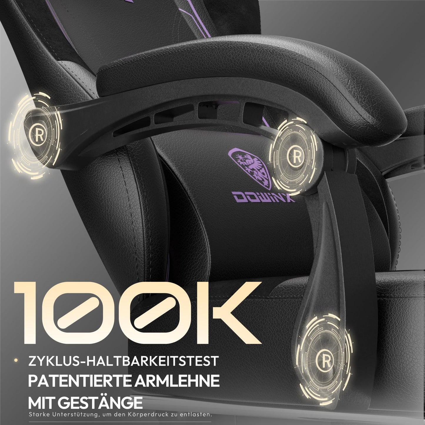 Dowinx Gaming Chair, Ergonomic PU Leather Gamer Chair with Lumbar Support, PC Chair with Widened Backrest, Supports up to 150 kg, Purple