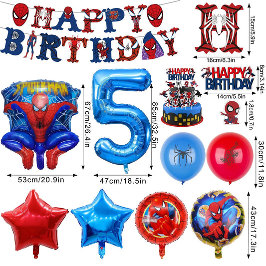 Spiderman birthday party decorations, 30 helium balloons for birthday, featuring huge 3D Spiderman hero balloons and number balloons, birthday decor for 5-year-old kids.