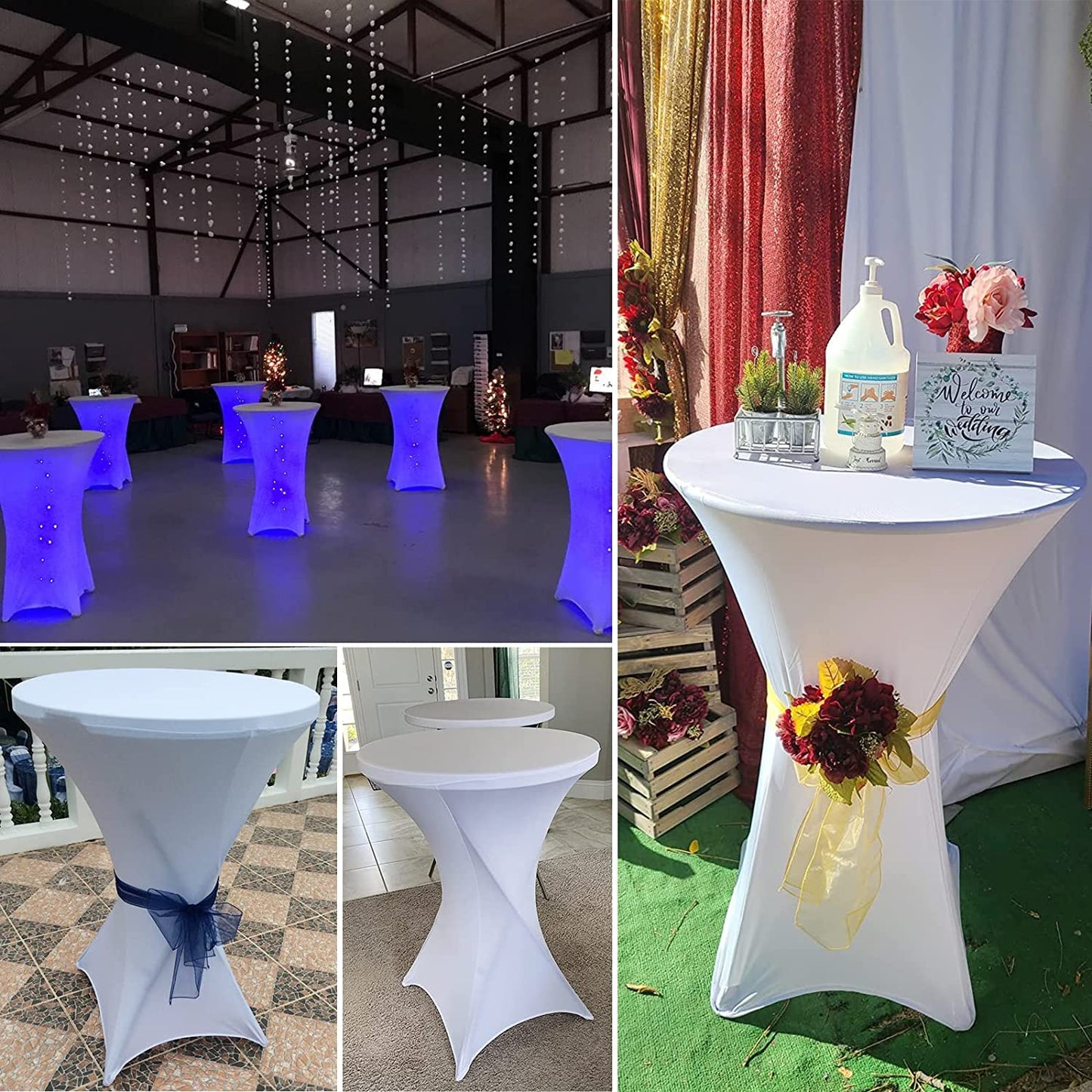 6 pieces white High Top Table Covers, for Ø 60-65 cm high top tables and bistro tables. Stretch tablecloth with foot pockets for weddings, birthday parties, banquets.