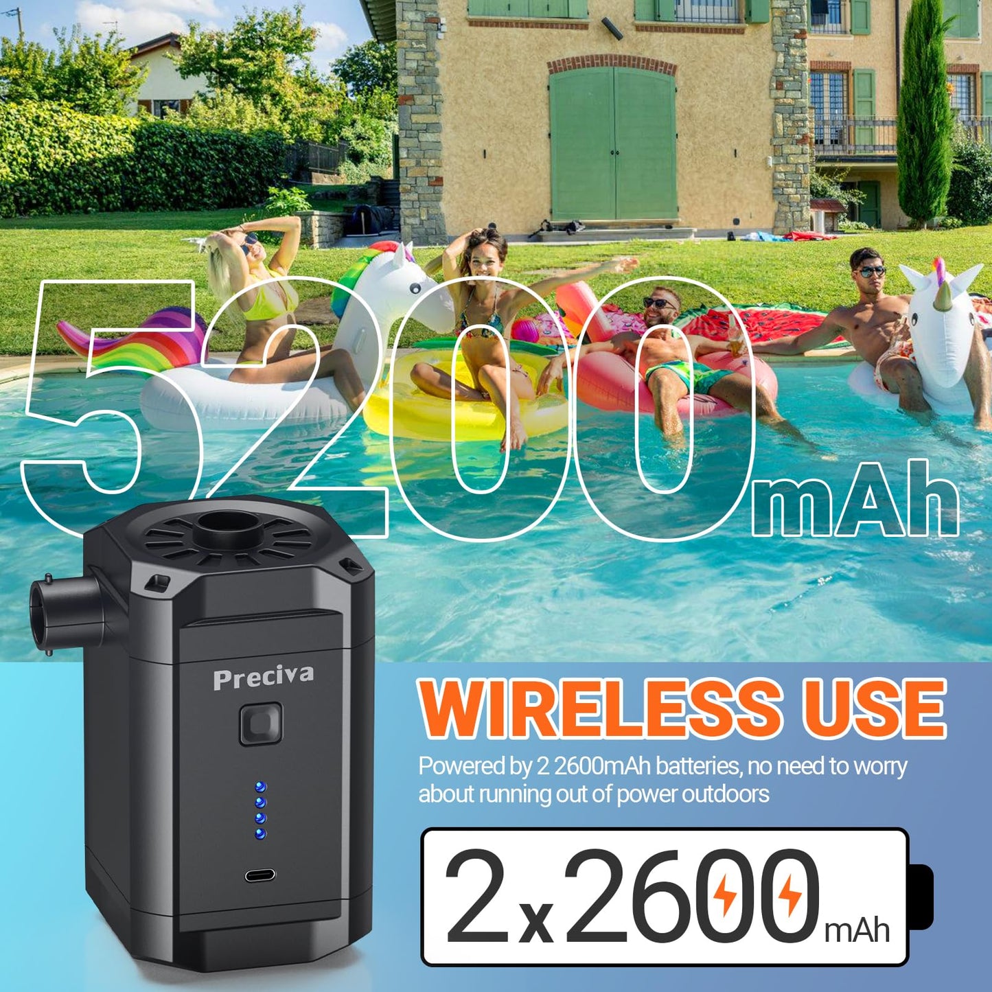 Electric air pump, 5200mAh rechargeable battery air pump portable with 3 nozzles USB-C for air mattresses, swim rings, camping. Includes bag, 280L/min. Perfect for beach, garden party, travel.