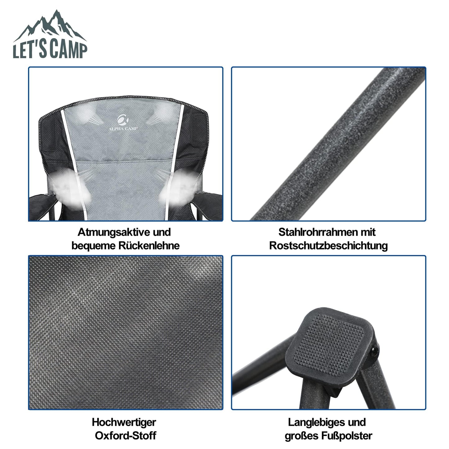 LET'S CAMP Camping Chair Folding Chair Portable Fishing Chair with Drink Holders Storage Pockets Carry Bag Steel Frame up to 160kg for Camping Travel