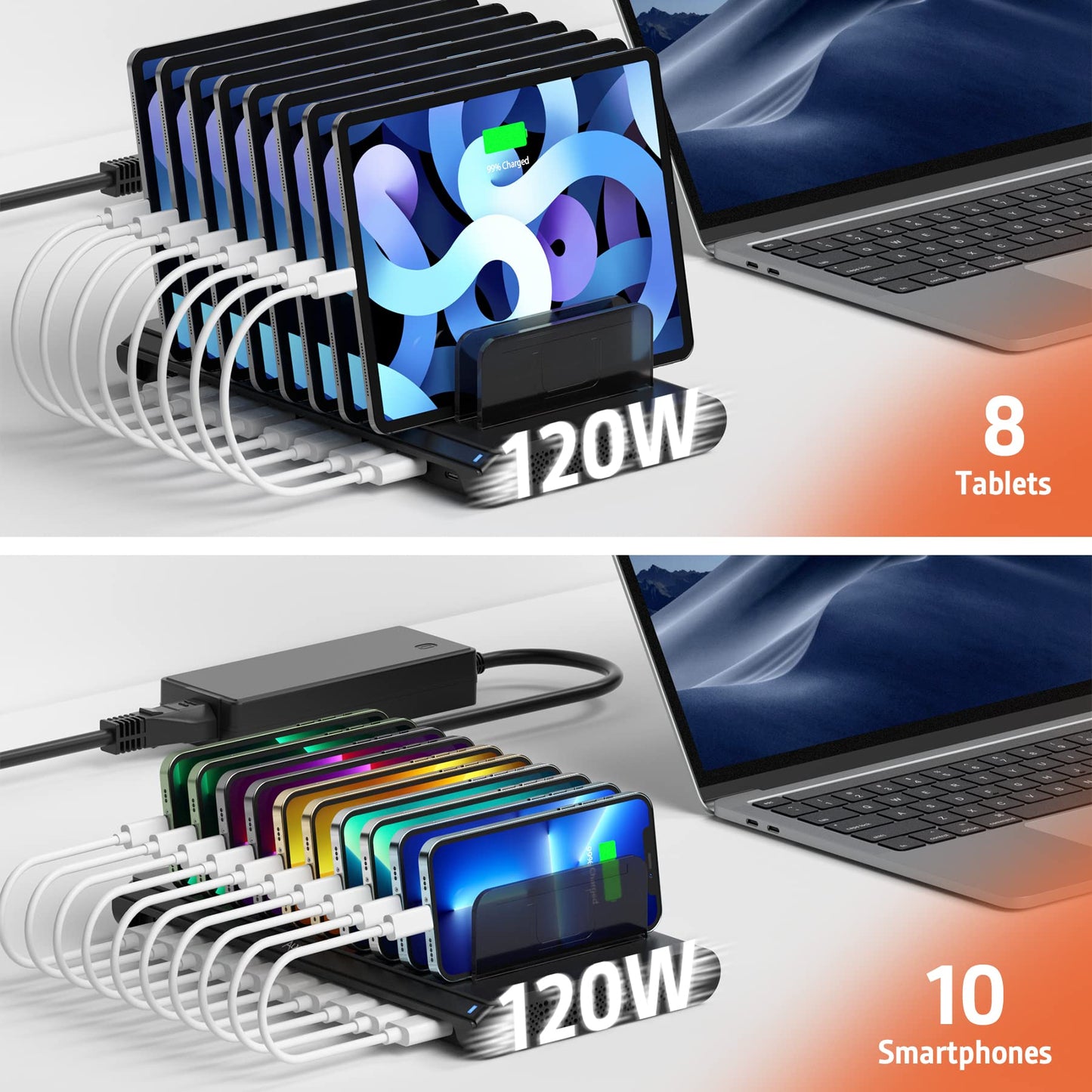Alxum 120W USB Multi Mobile Charging Station with QC 3.0 Fast Charge & Type C Phone Charging Dock with 10 Ports and removable dividers (Black)