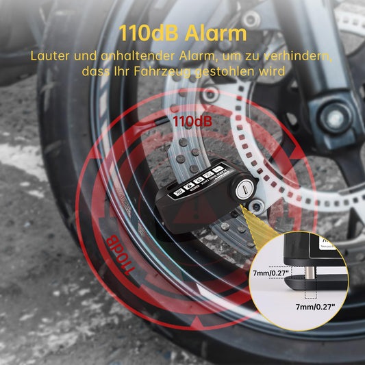 ZELENY Disc Brake Lock Alarm 110db Motorcycle Lock, Motorcycle Alarm System with 1.5m Reminder Cable and Lock Bag, Disc Lock for Moto Bike Moped
