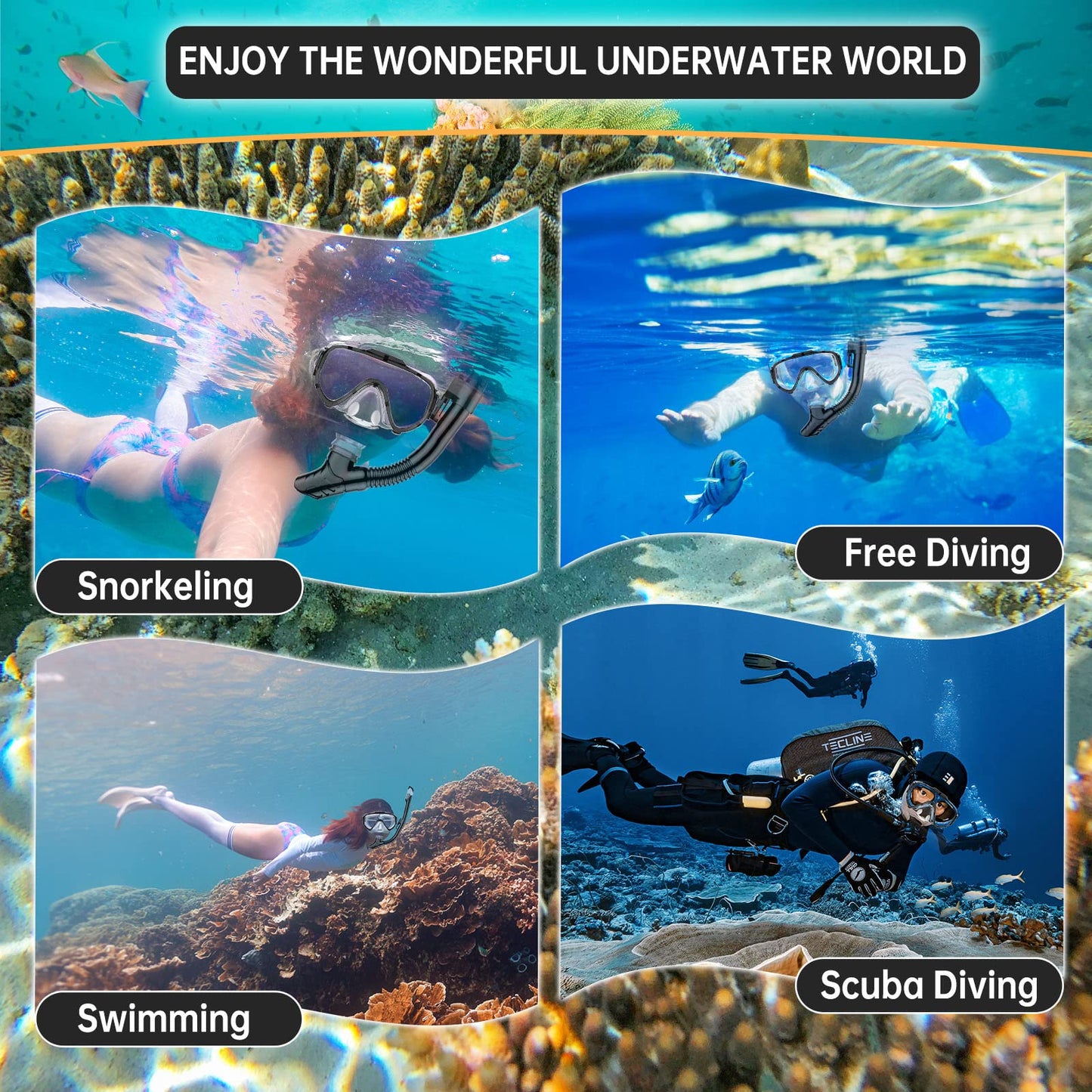 Arlierss diving mask, snorkel set with snorkel and diving mask, 180° panoramic HD tempered glass anti-fog anti-leak premium dry snorkel for adults.