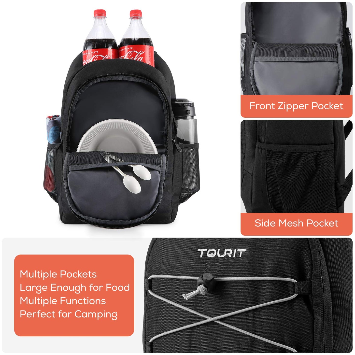 TOURIT Cooler Backpack 25L Waterproof cooler backpack Lightweight backpack for picnic, camping, hiking, BBQ Black