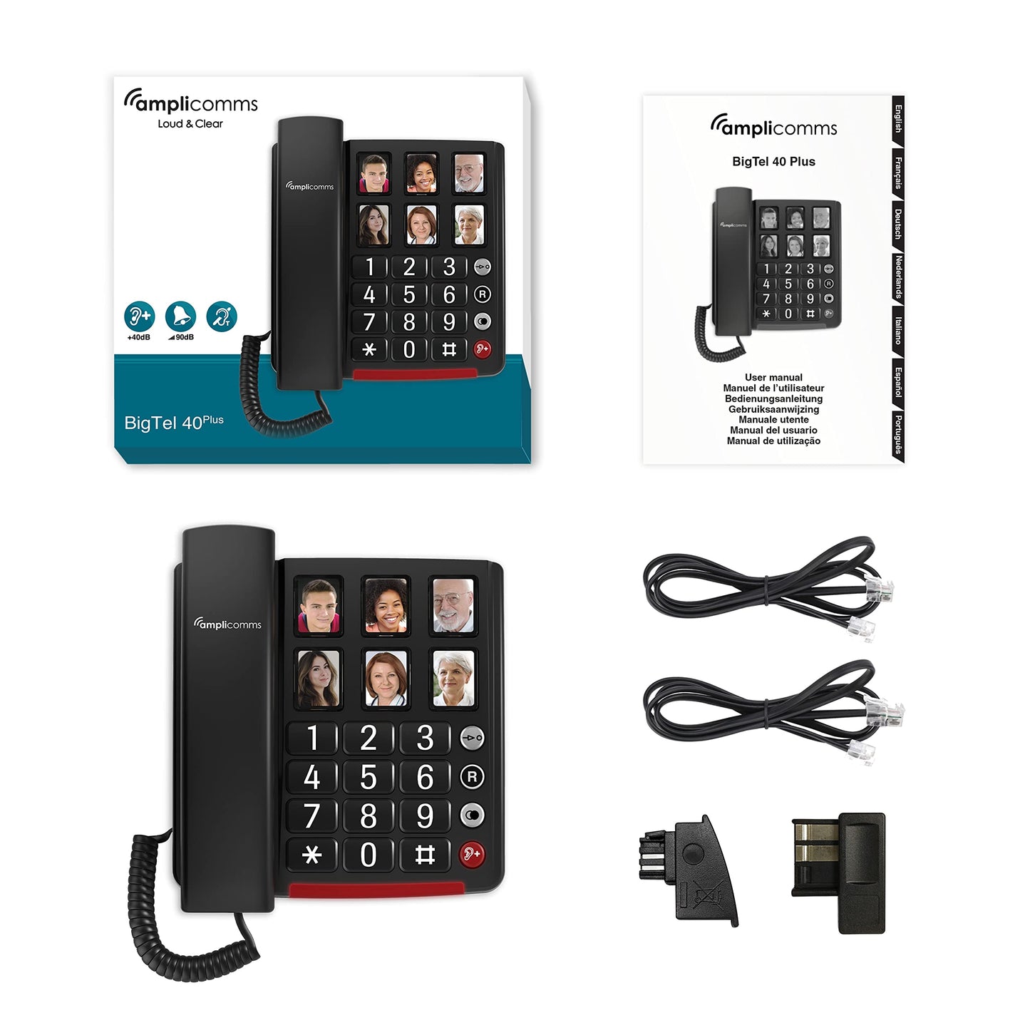 Amplicomms BigTel 40 Plus, corded large button telephone with six photo speed dial buttons, audio boost +40dB, extra loud ringtones, hearing aid compatible.