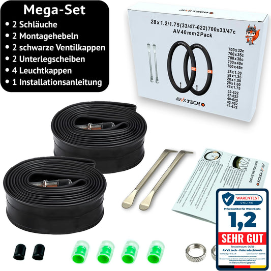 28 inch bicycle tube set | Compatible with Continental & Schwalbe | for AV SV DV valves | Accessories for trekking & city bikes including tire levers & light caps