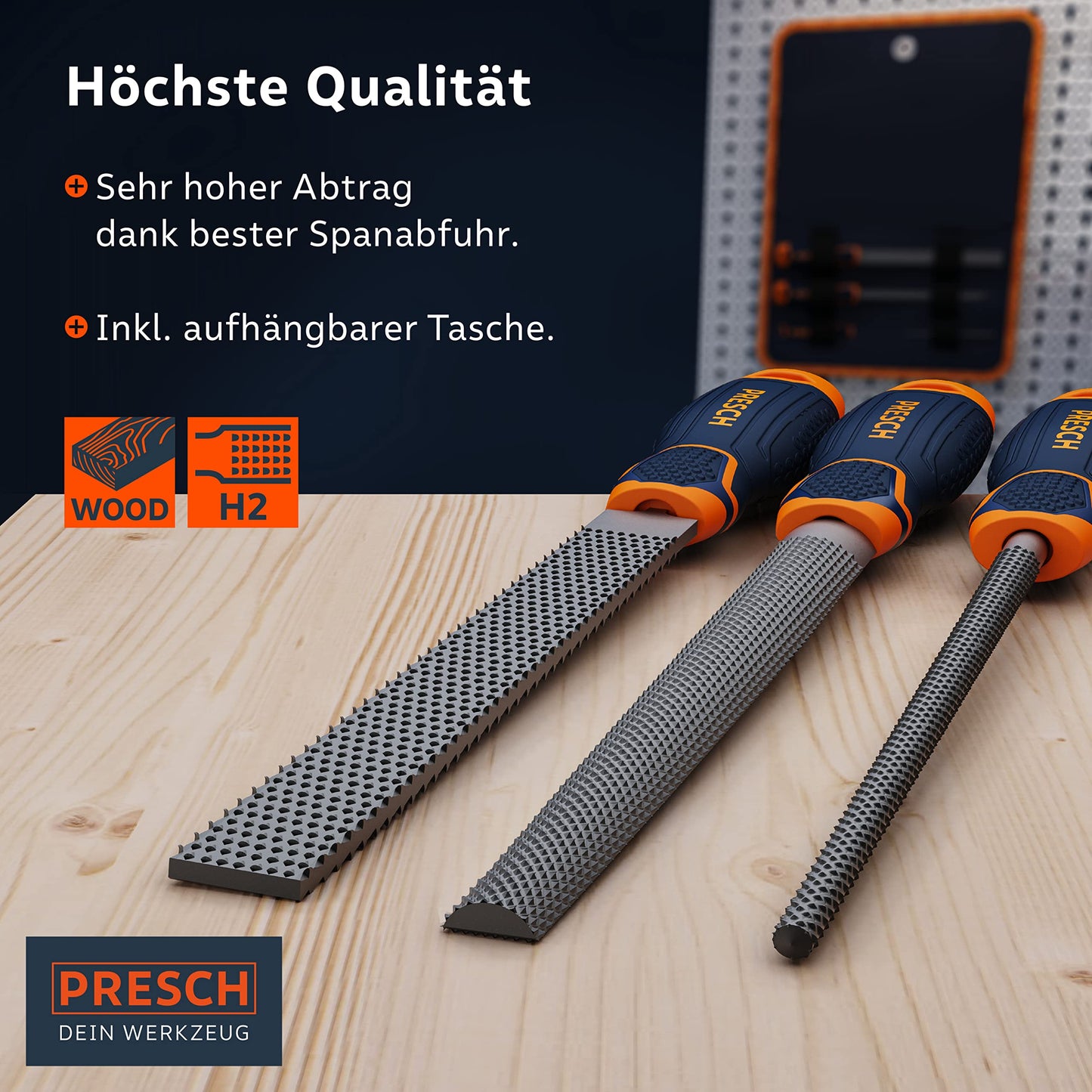 3-piece Wood Rasp Set incl. carrying case - High-quality wood file set incl. flat, half-round, and round rasps - Professional grade 2 file set with 200mm length for wood.