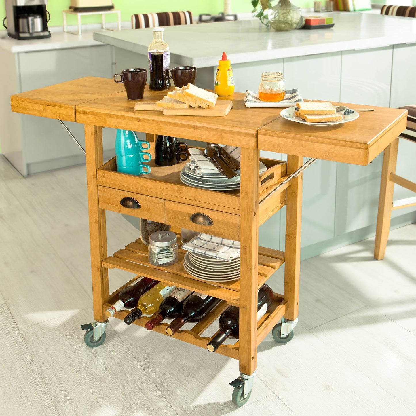SoBuy Bamboo Rolling Kitchen Cart with Worktop, Folding Shelf, and Wheels - Great as a Kitchen Island in Industrial Design 135x92x37cm FKW25-N.