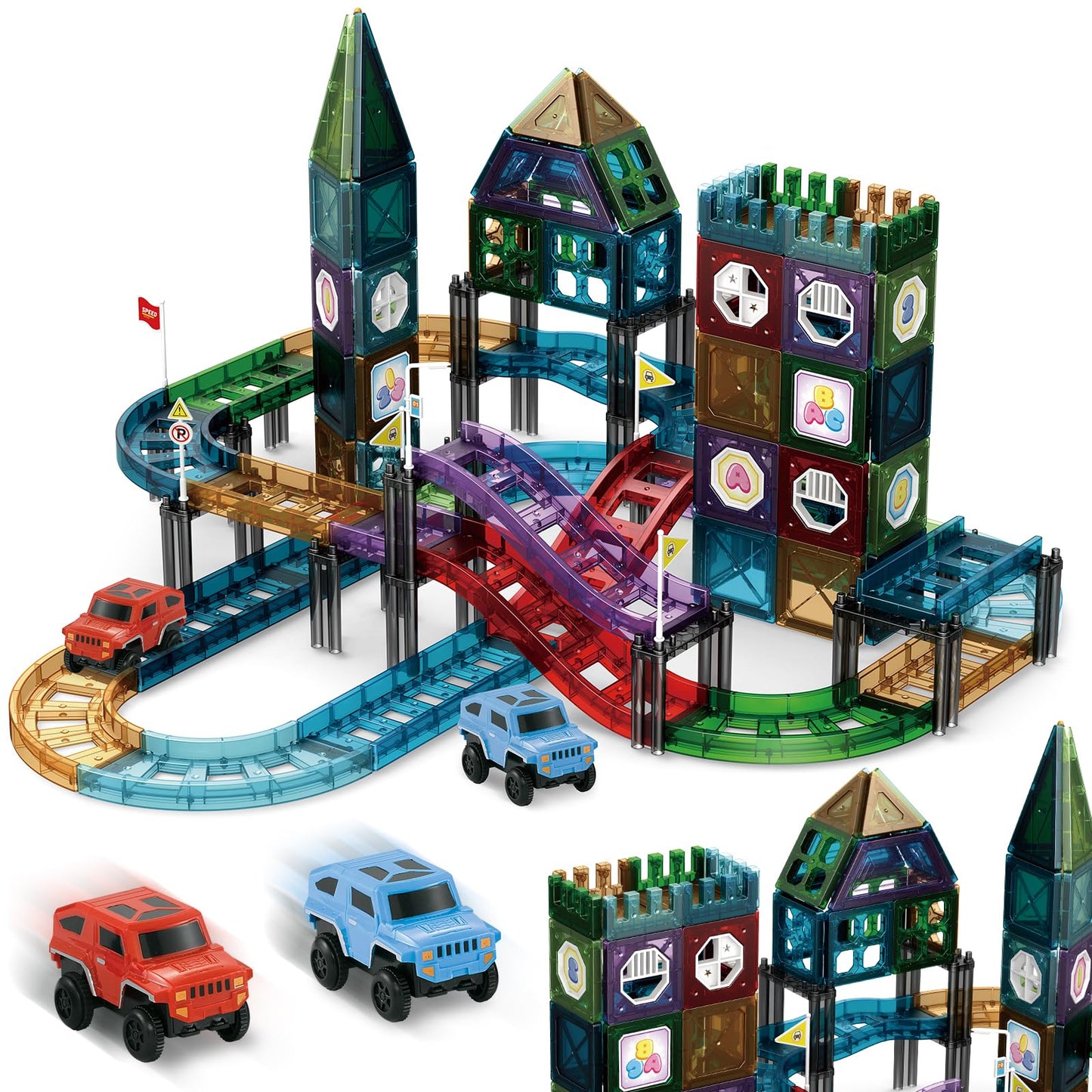 JONRRYIN 131 Piece Magnetic Building Blocks Car Race Track, Magnetic Building Blocks Set 3D Racing Car Track Magnetic Building Blocks Kids with 2 Toy Cars, Educational Toy for Children 3 Years and Up