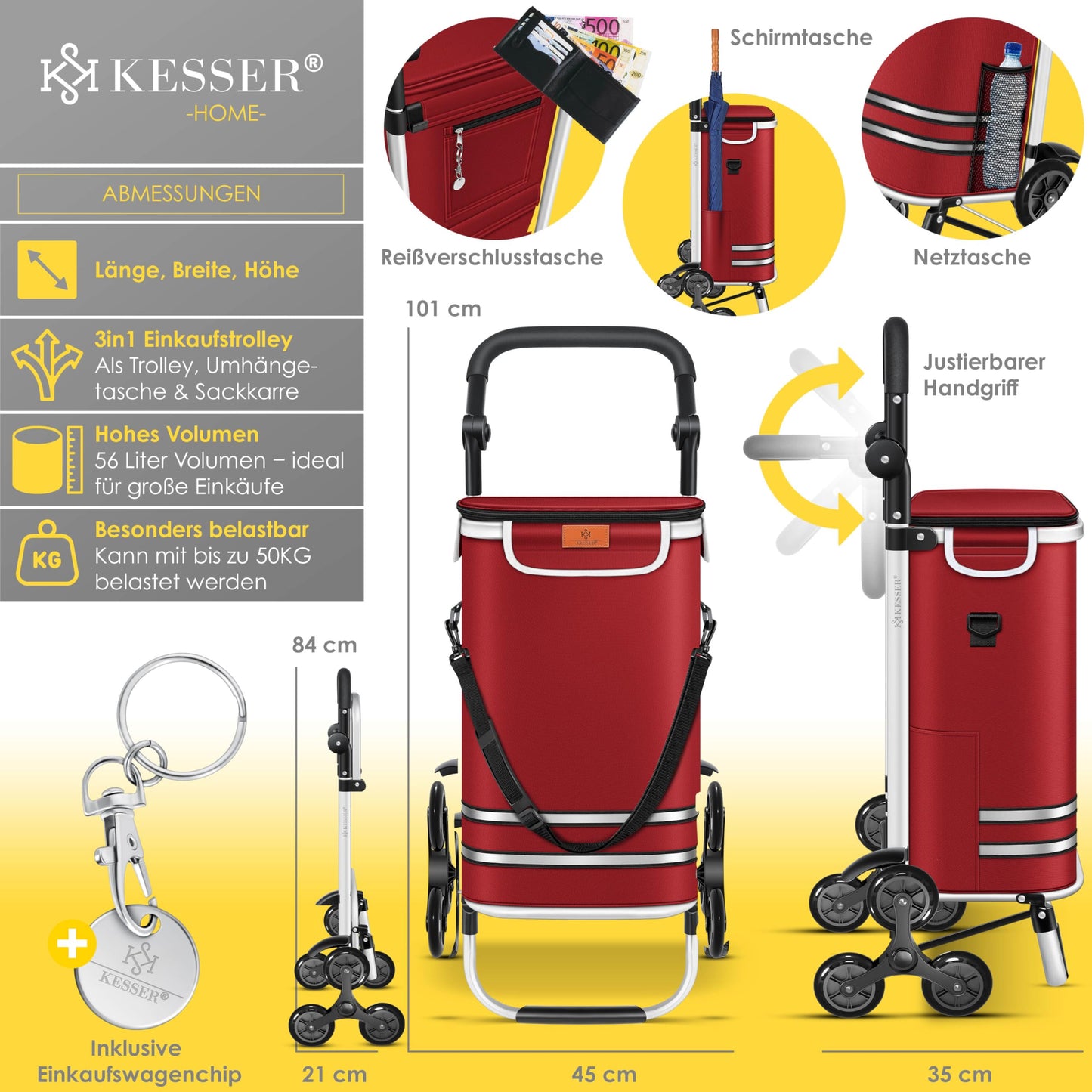 KESSER® Shopping Trolley Stair Climber with Cooler Compartment, foldable with 56L capacity and loadable up to 50kg | 3in1 trolley hand truck & shoulder bag | Foldable shopping cart including shopping chip, Bordeaux