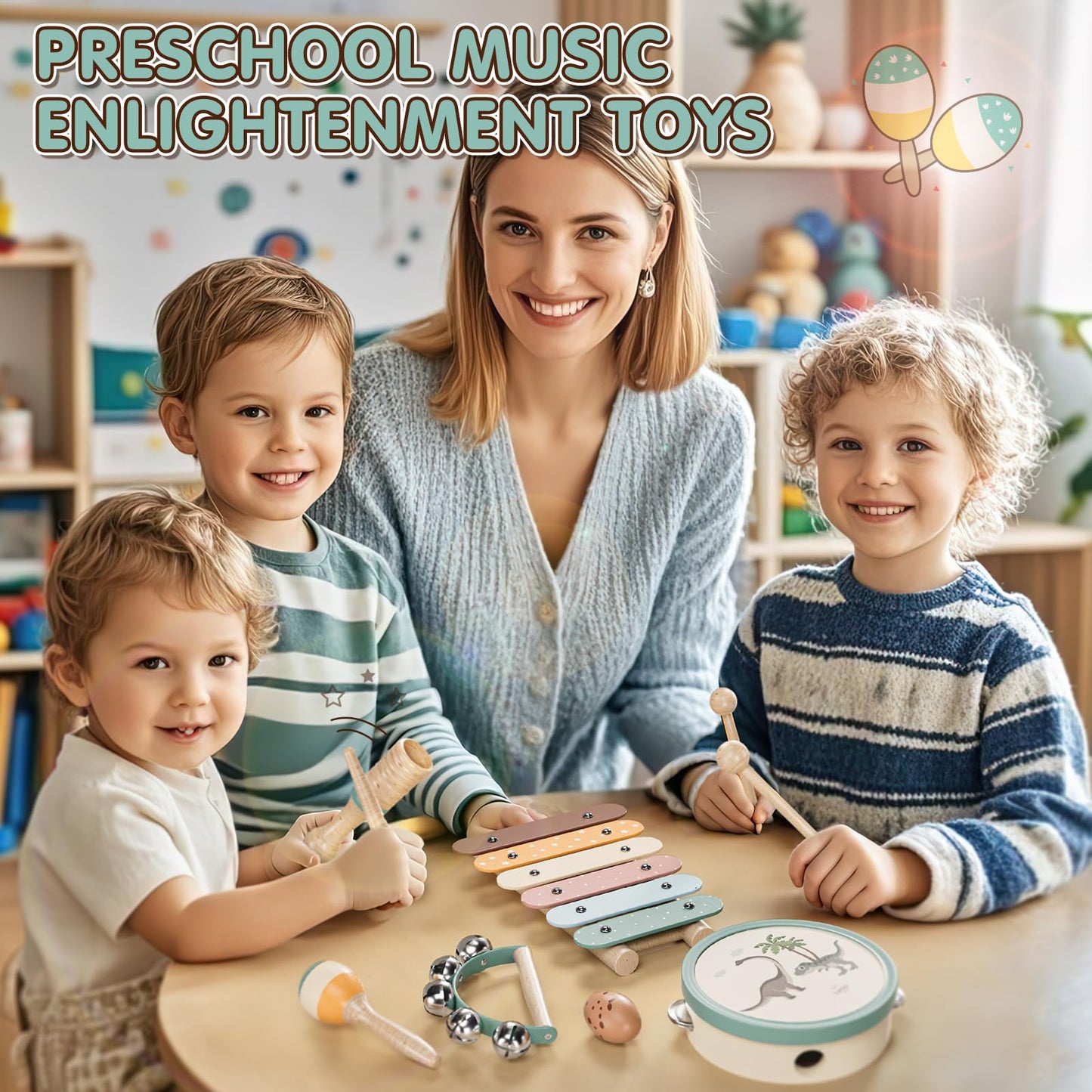 Lehoo Castle music instruments for kids, Montessori wooden toys from 2-3 years old, instrument set with xylophone drum for preschool, music learning toy gift for baby girl boy.
