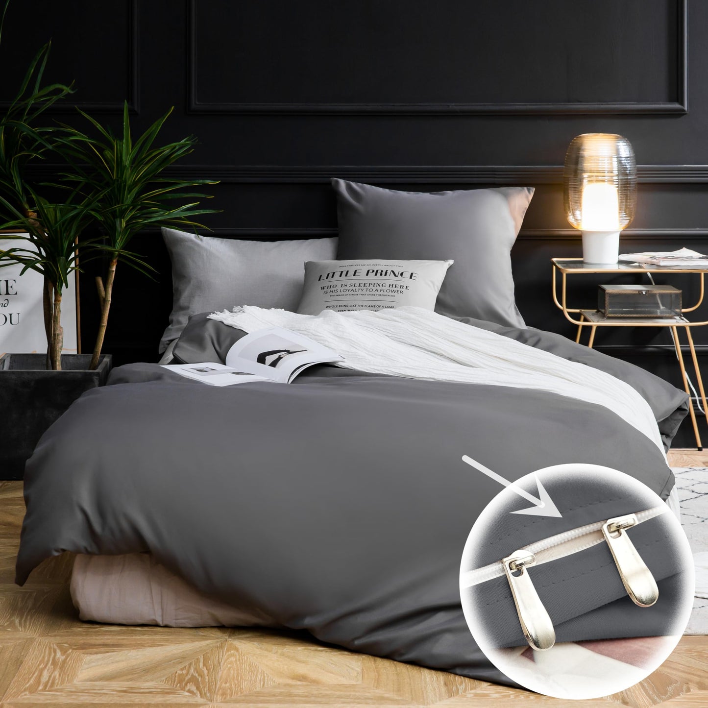 AYSW Bedding Brushed Microfiber 1 Duvet Cover 200x200cm + 2 Pillowcases 80x80cm with Zipper Gray