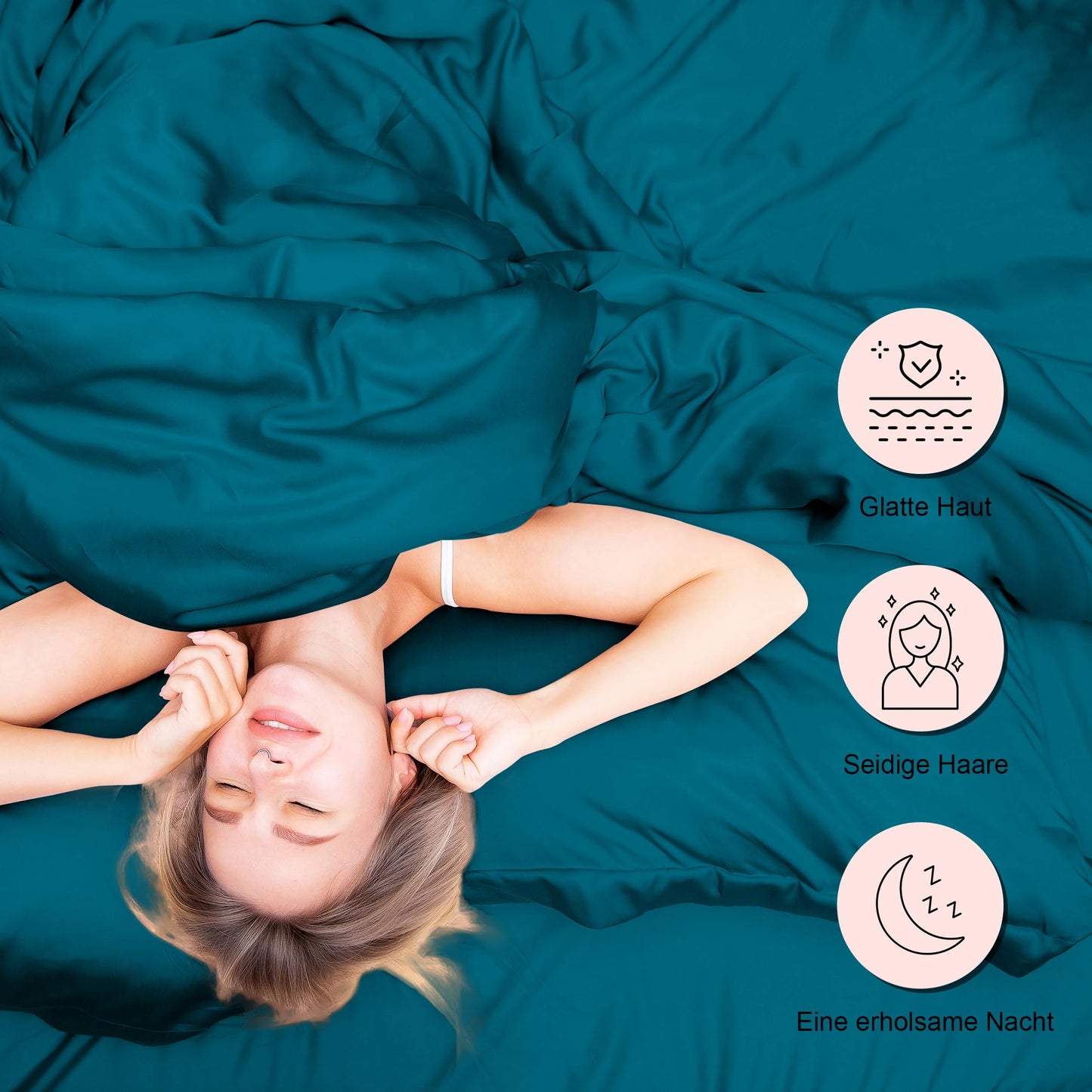 Be well satin pillowcase 65x65 2 pack, as soft as silk pillowcase, vegan silk pillowcase cover for hair and skin with 2 hair ties, blue-green.