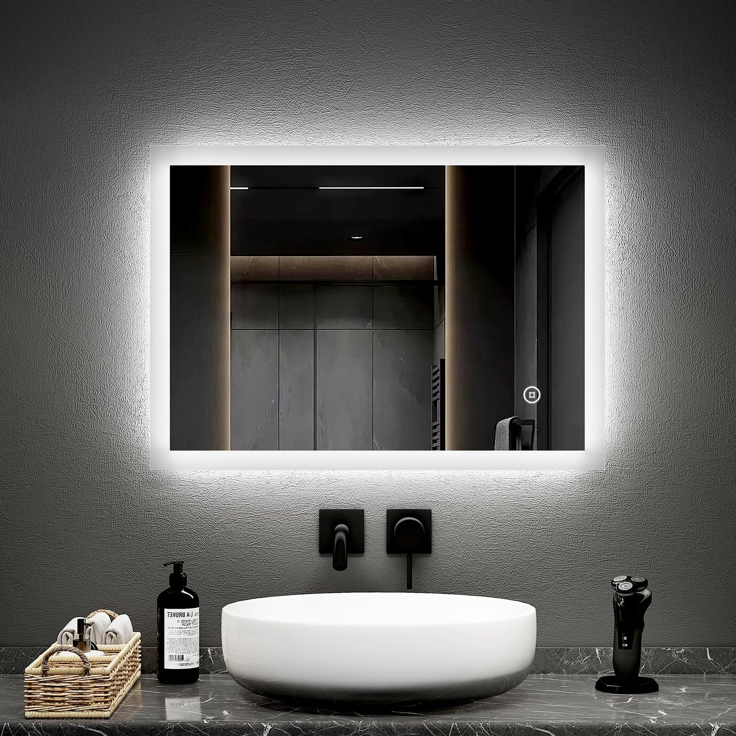 EMKE 50x70cm LED bathroom mirror with lighting, touch switch, and anti-fog feature. 6500K cool white light. Energy-efficient wall mirror for bathrooms.