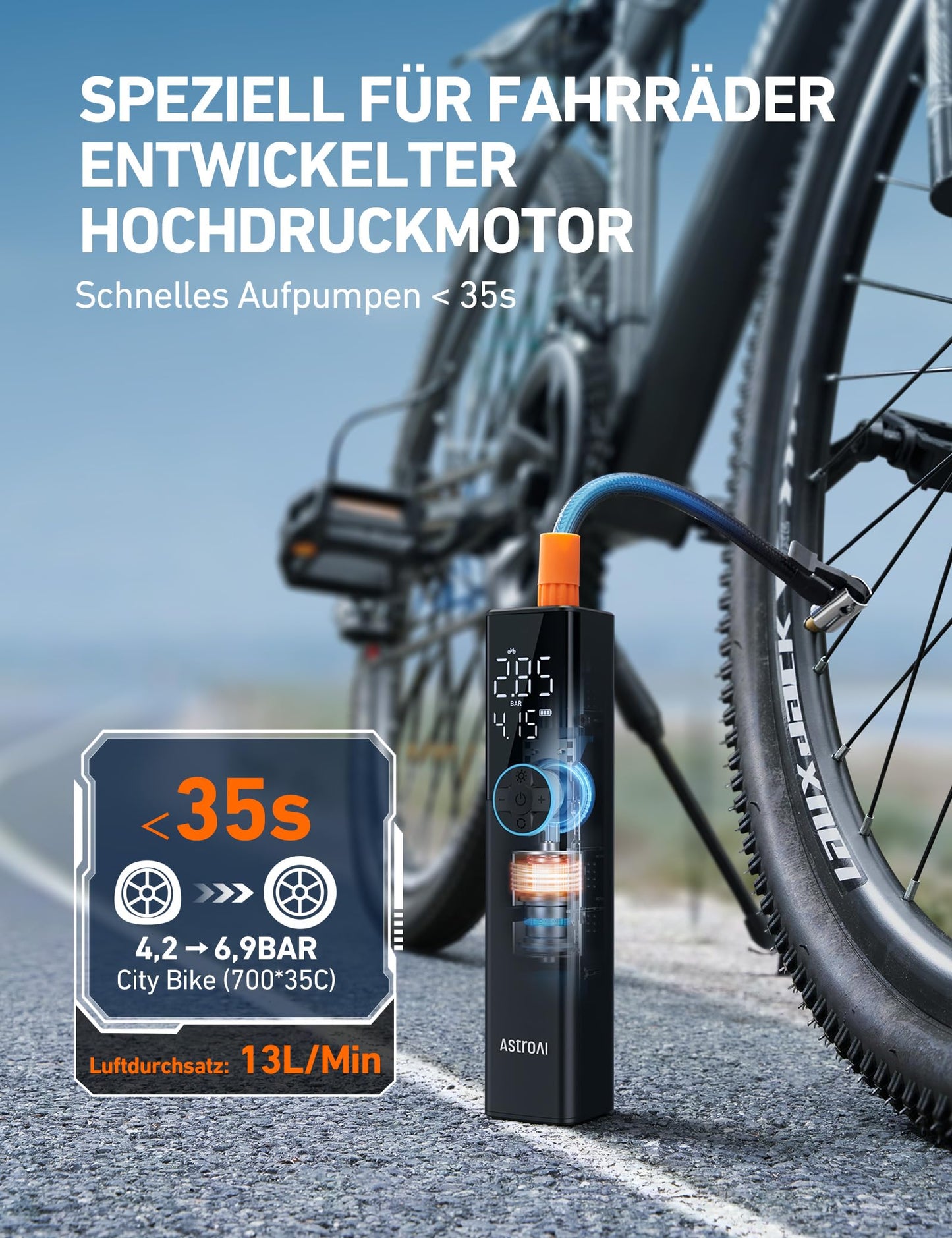 AstroAI Bike Pump Electric Air Pump, 150PSI Portable Battery Bike Pump for all valves, High-pressure motor designed for bikes, Rechargeable for city bikes, road bikes, mountain bikes, Blue