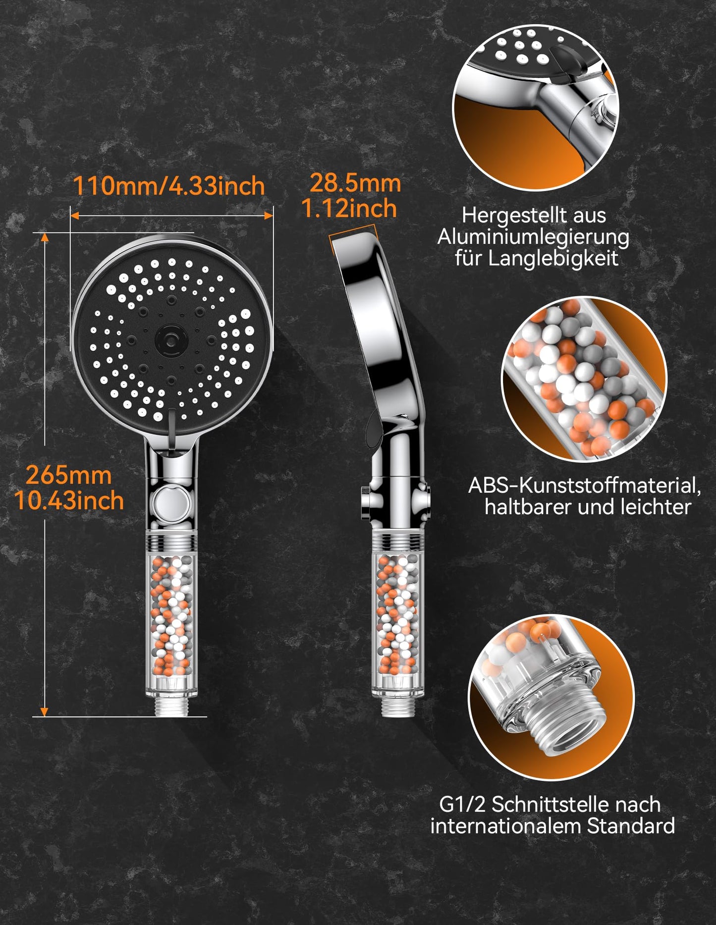 VOXON Shower Head with Hose 1.5M, Water Saving Shower Head with Filter and 6 Spray Modes & Stop Function, Handheld Shower Head with Hose Pressure Boosting with 3-Layer Filtration and Extra Stones