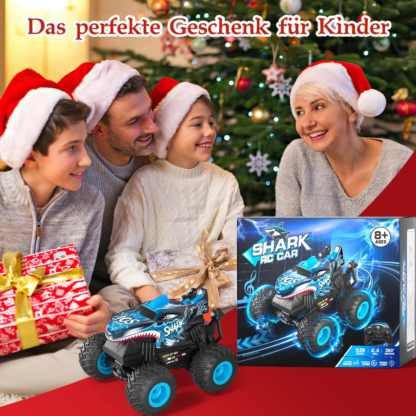 Sunrad Remote Control Car for ages 3-9, RC Monster Truck with 360° upright spin, LED lights and music, Rechargeable RC car toy and gift for kids.