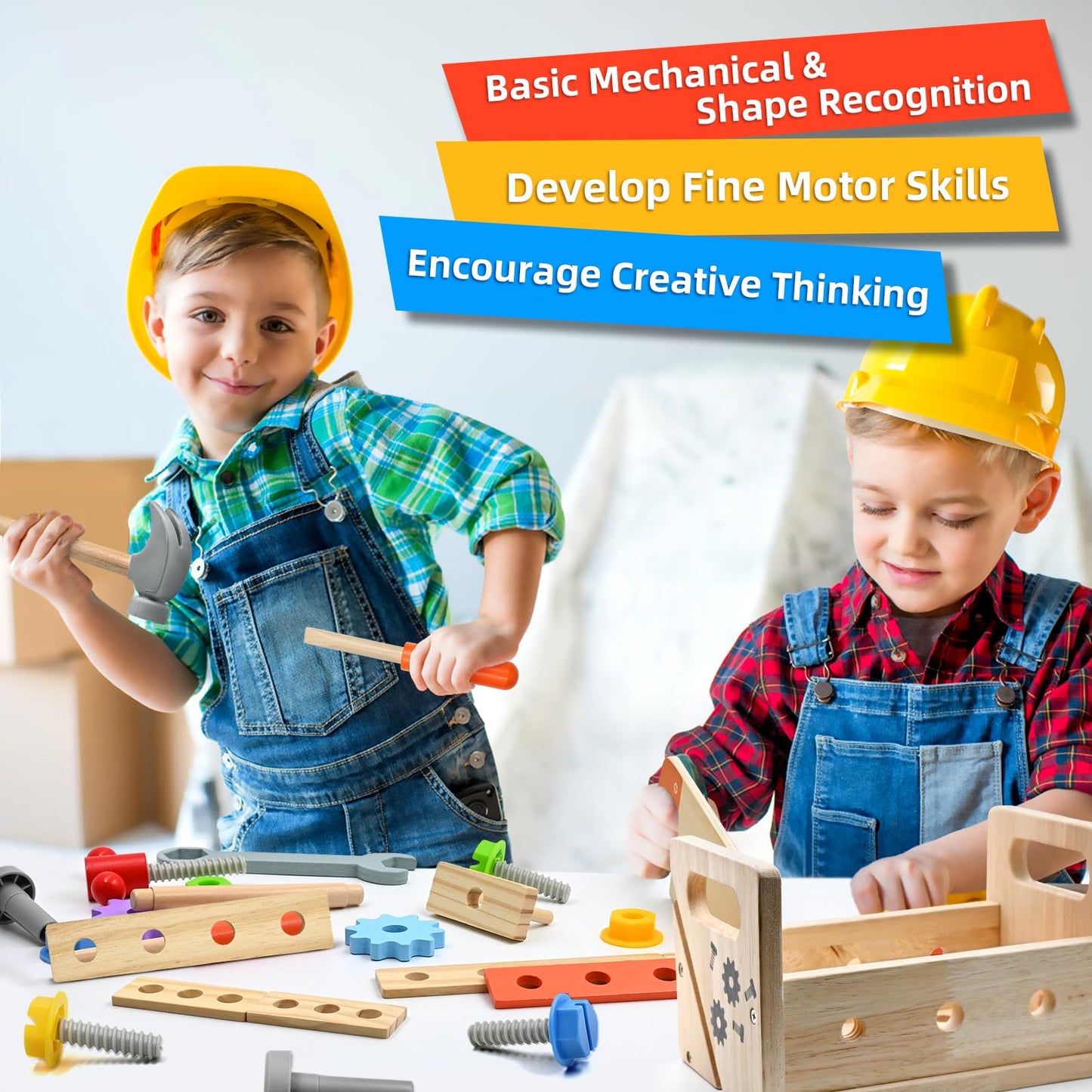 Toolbox for kids 2 3 4 years old, Montessori wooden toy tool set workbench learning games hammering toy screwdriving game gifts for boys girls 3 years old and up