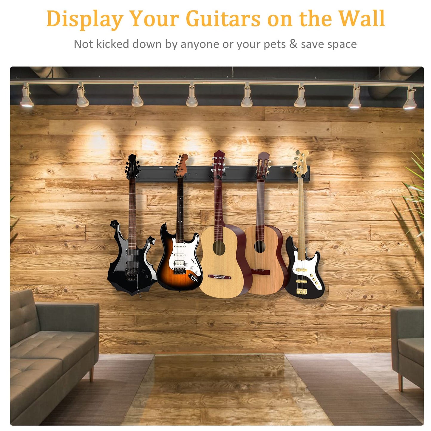 LEKATO Wall Mount Guitar Hanger Bass Holder E-Guitar Stand for Holding 5 Gutiars & Bass Aluminum Lamella Wall Rail System Metal Guitar Rack Sewing Design