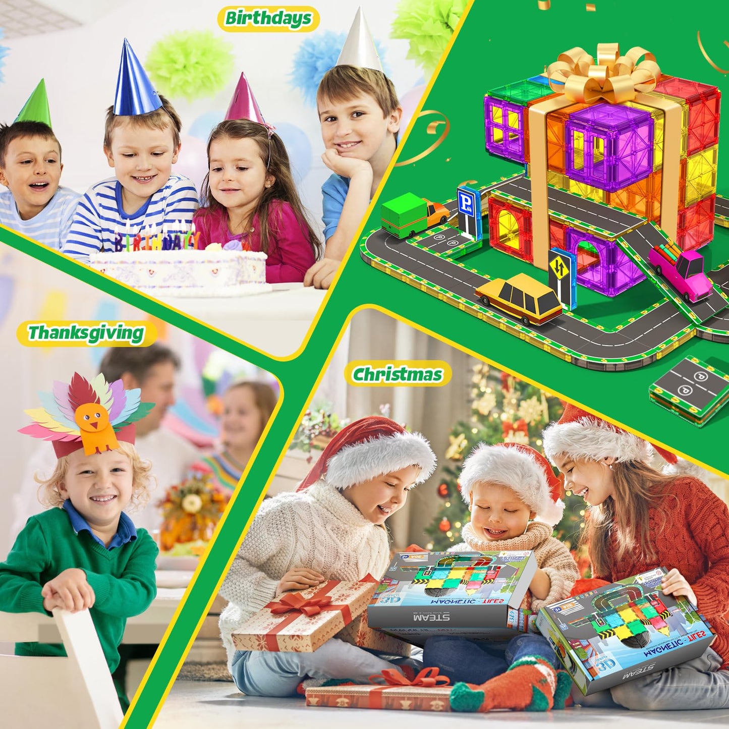 64-piece Magnetic Building Blocks Road Set with magnetic tiles STEM toy for 3 year old boys and girls. Customized birthday gifts for children aged 3-8 years.