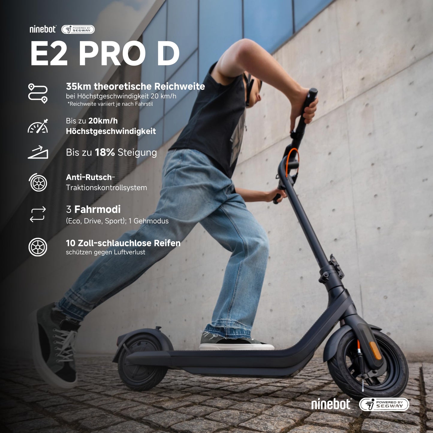 Segway-Ninebot E2 Pro D, street-legal e-scooter for adults, max. 20 km/h speed, 35 km range, anti-slip traction control system.