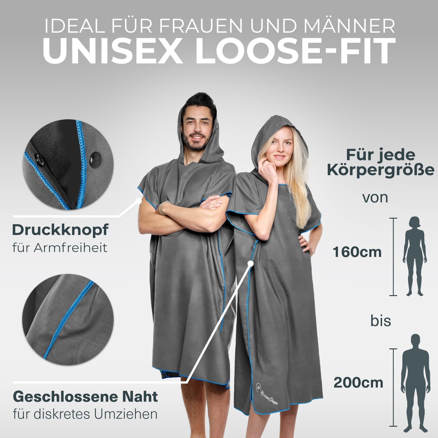 NirvanaShape adult towel poncho, perfect for changing and drying off, with quick-dry function. Great for surfing, camping, sauna, snorkeling, and the beach while traveling.