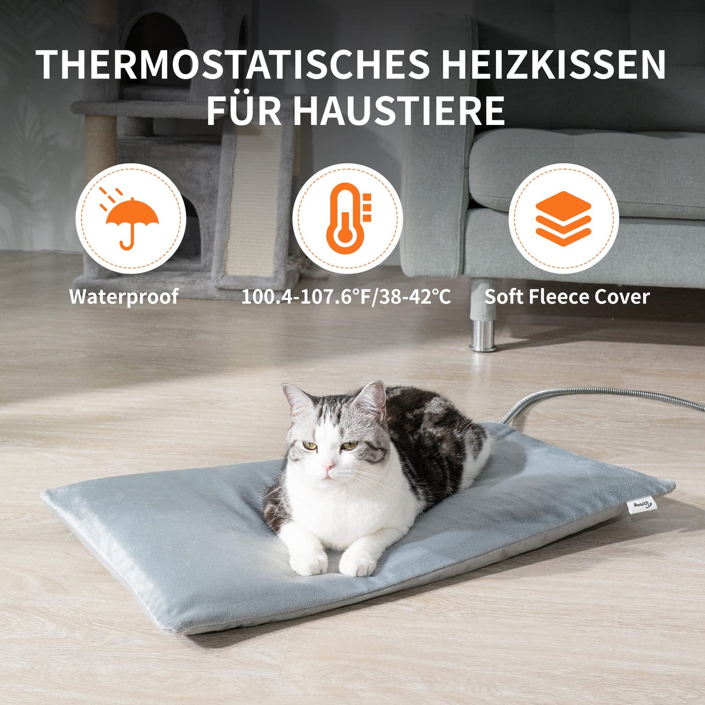 Toozey outdoor pet heating blanket with waterproof cover and chew-resistant cable, automatic temperature control for newborns, pregnant, elderly, joint-injured cats and dogs, 70x40cm.