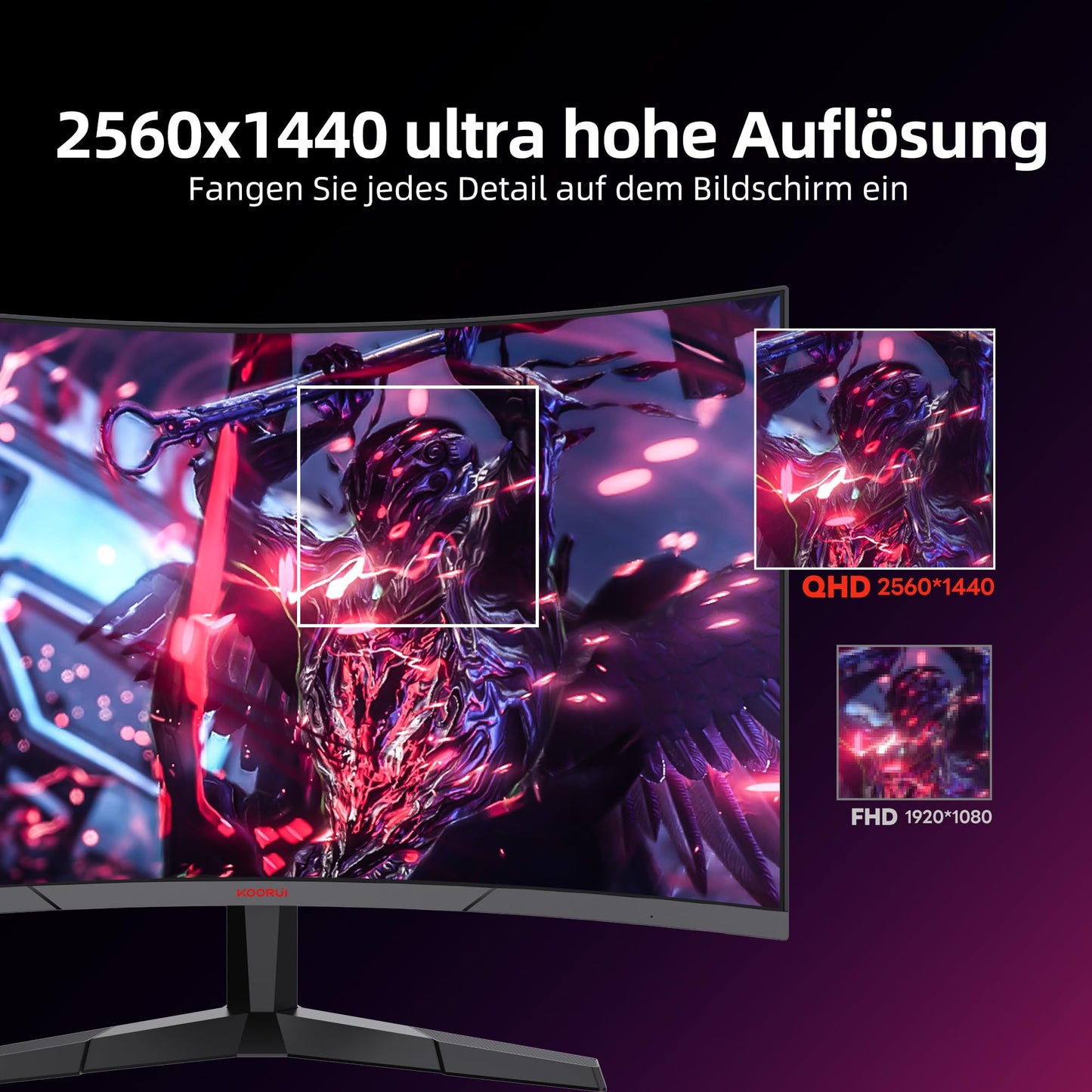 KOORUI 27-inch gaming monitor, 2K QHD 1440P screen, 180Hz 1ms (GTG) curved display, 1500R PC gamer, Adaptive Sync, HDR, anti-glare, 2xHDMI & DP VESA.