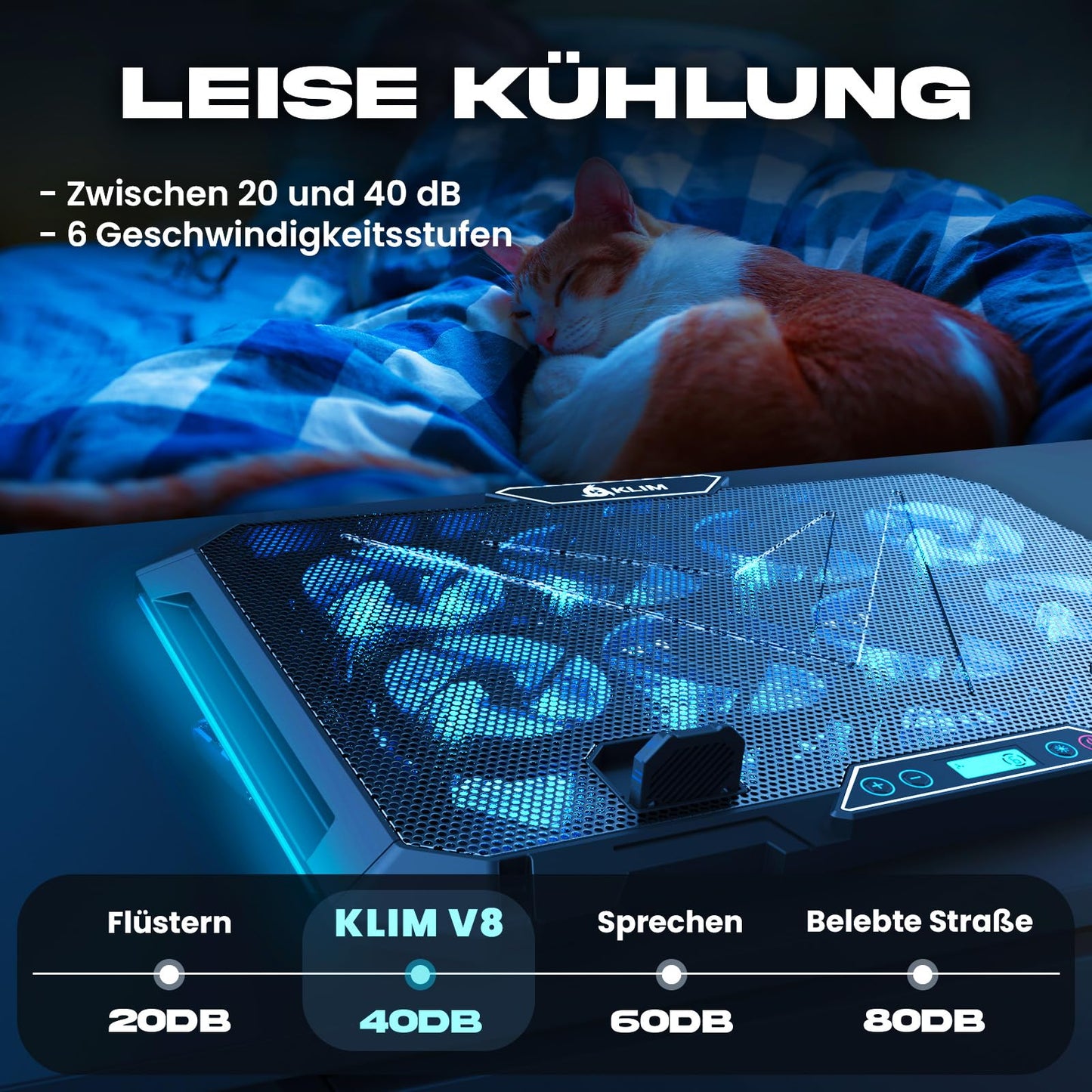 KLIM V8 Gaming Laptop Cooling Pad with 8 fans - New - Gaming Laptop Cooler - Stable RGB Notebook Stand with fans - Compatible up to 17" - 2 USB Ports - Phone holder - 5 years protection