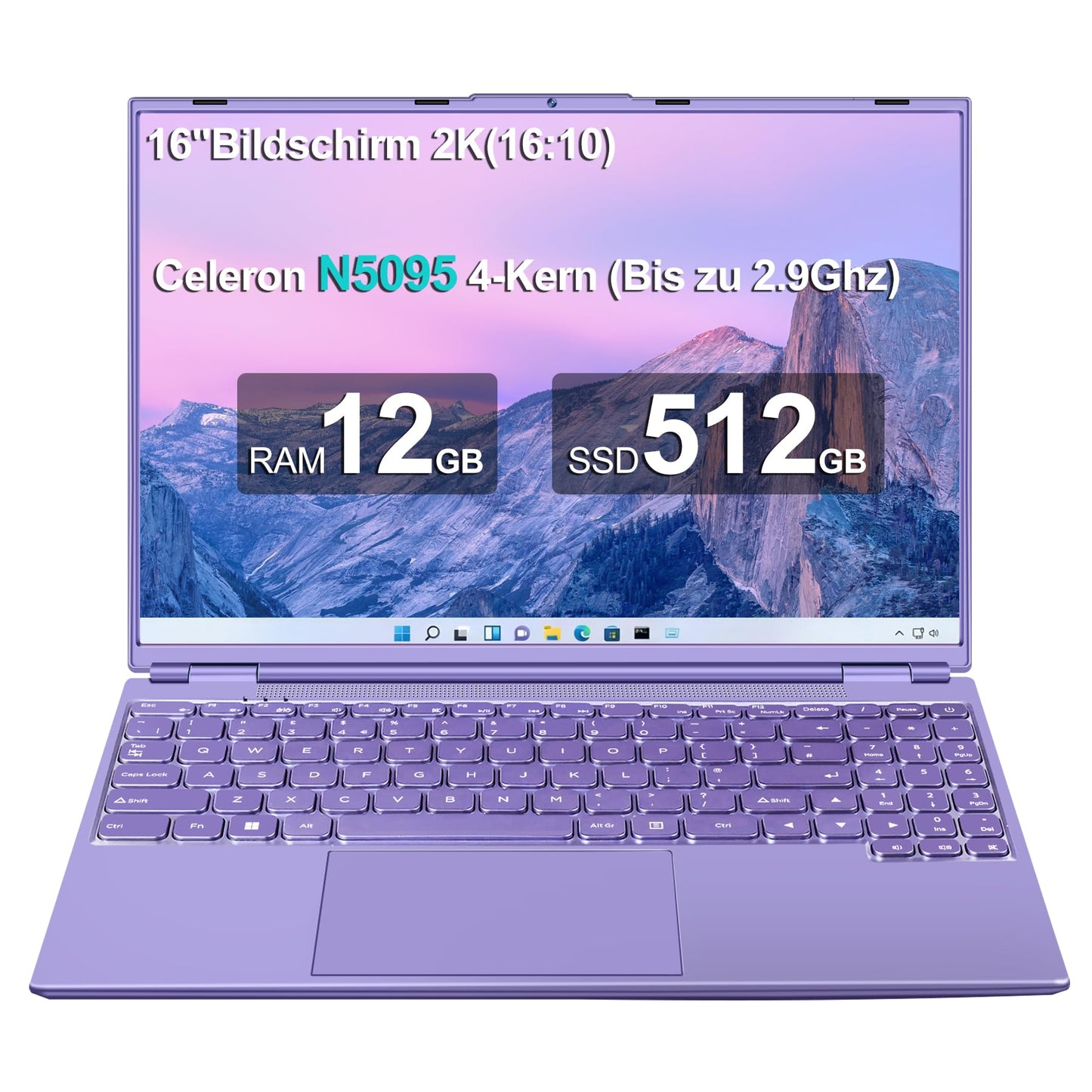AOCWEI Laptop 16 inch 12GB RAM 512GB ROM Expandable 2.5" 1TB SSD, Laptop Win 11 with 4-Core CPU N5095 (up to 2.9 GHz), 1920*1200 | 5G WiFi | Bluetooth & German Keyboard Sticker-Purple.
