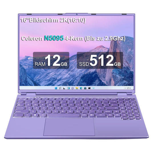 AOCWEI Laptop 16 inch 12GB RAM 512GB ROM Expandable 2.5" 1TB SSD, Laptop Win 11 with 4-Core CPU N5095 (up to 2.9 GHz), 1920*1200 | 5G WiFi | Bluetooth & German Keyboard Sticker-Purple.