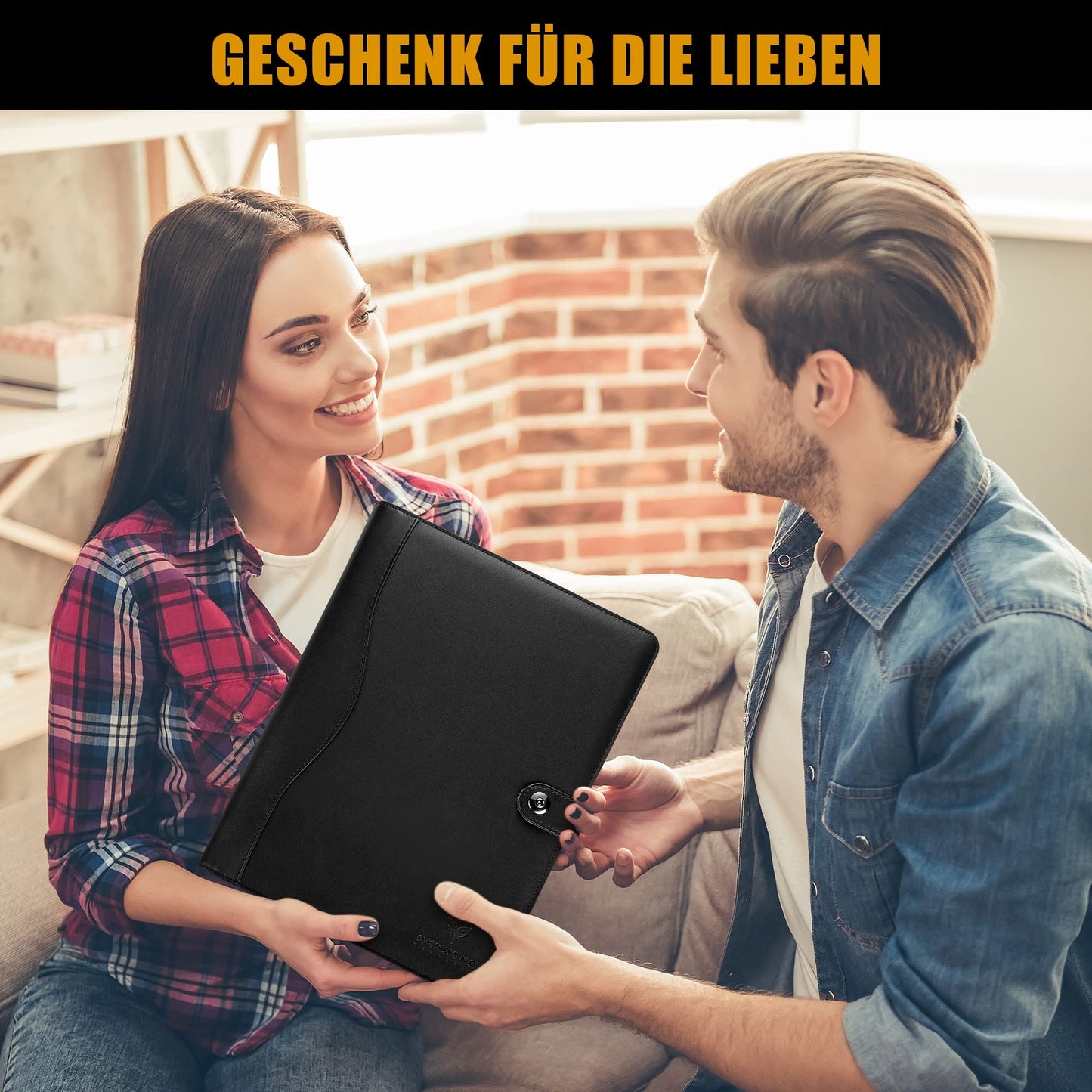 AMKSONS A4 Writing Pad in Black with Clipboard & A4 Notepad - Premium Conference Folder made of PU leather with document compartments, pen holder, flap cover, and magnetic closure.