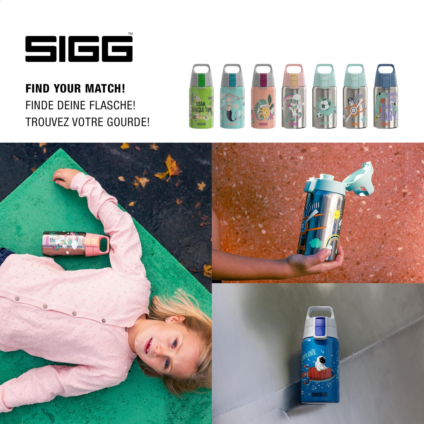 SIGG Shield One Space Kids Water Bottle (0.5 L), stainless steel bottle with leak-proof lid, one-handed operation for easy drinking.