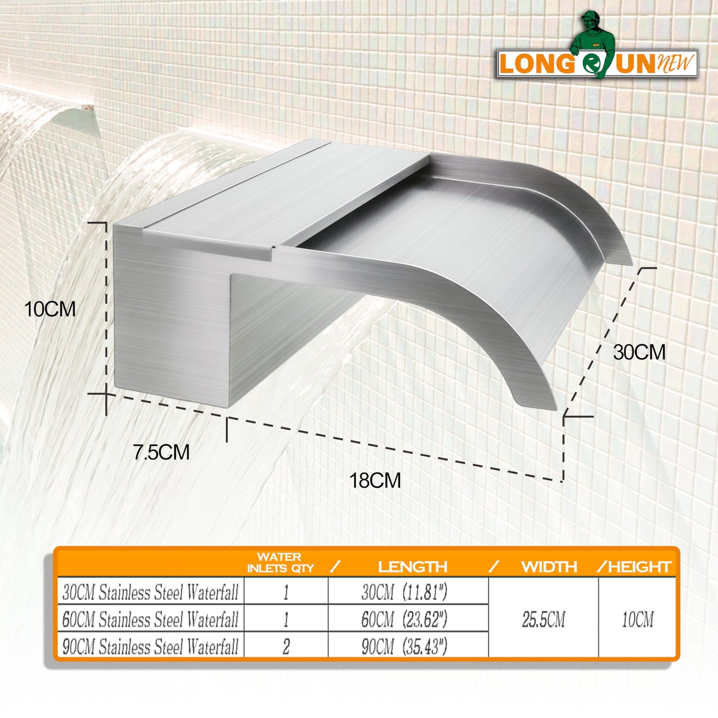 LONGRUNNEW Pond Waterfall Blade Set, 30 cm Stainless Steel Pool Fountain with Accessories, 18 cm Wide Curved Spout Splash Wall for Garden Patio Pond Decoration