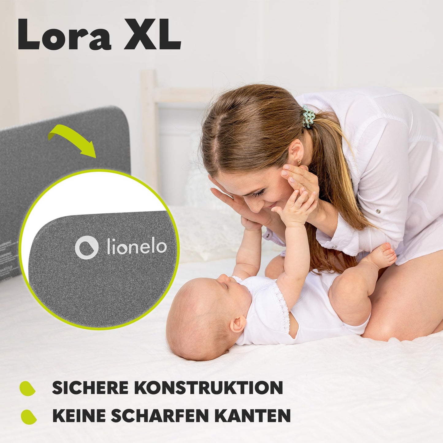 Lionelo Lora XL Portable Bed Guard for kids, tilt adjustment up to 180°, foldable bed rail, 45 cm - 150 cm, StandSafe lock, protection against falling out
