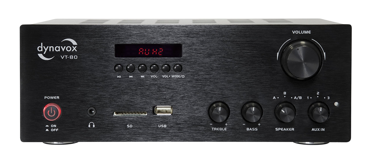 Dynavox VT-80 stereo compact amplifier in black, screwable connection terminals for 4 speakers, remote control functions only for digital inputs (USB, SD card), integrated BT antenna.